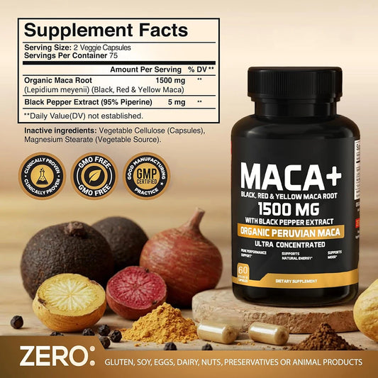Organic Peruvian Maca Root Capsules 1500mg Vegan