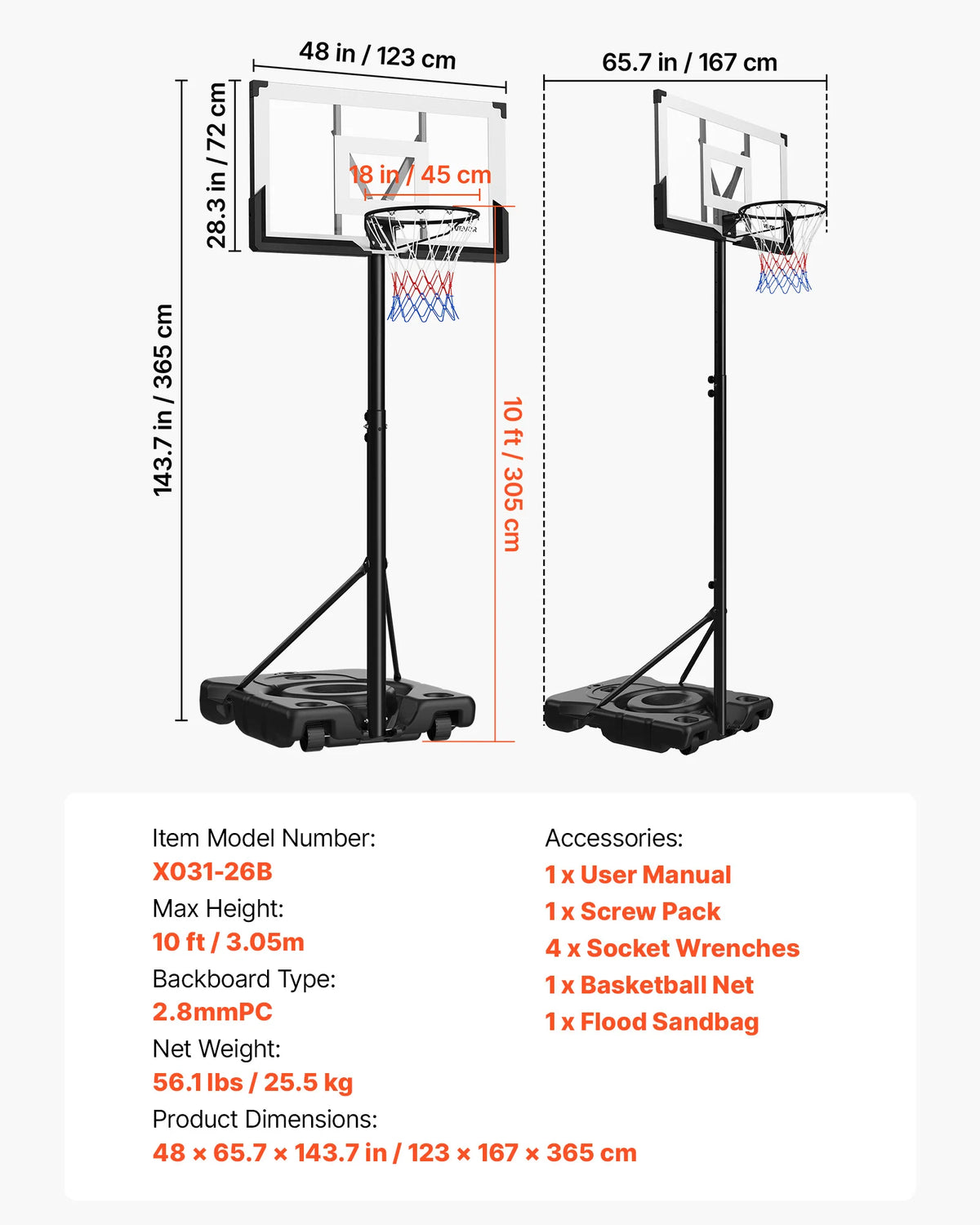 Portable Basketball Hoop Adjustable 10 Foot Stand