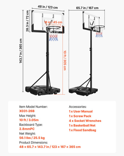 Portable Basketball Hoop Adjustable 10 Foot Stand