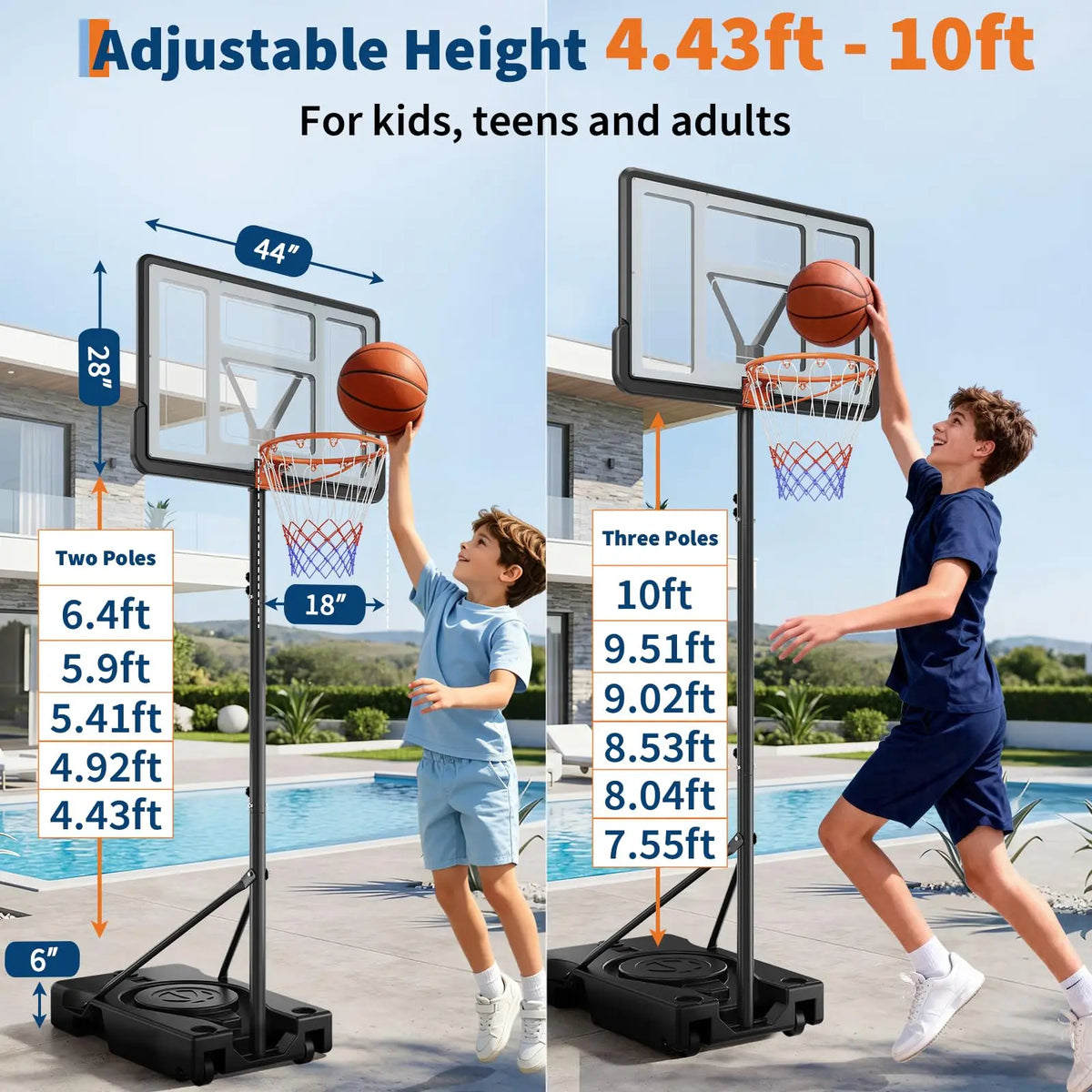 44 Inch Portable Basketball Hoop Adjustable Outdoor Goal System