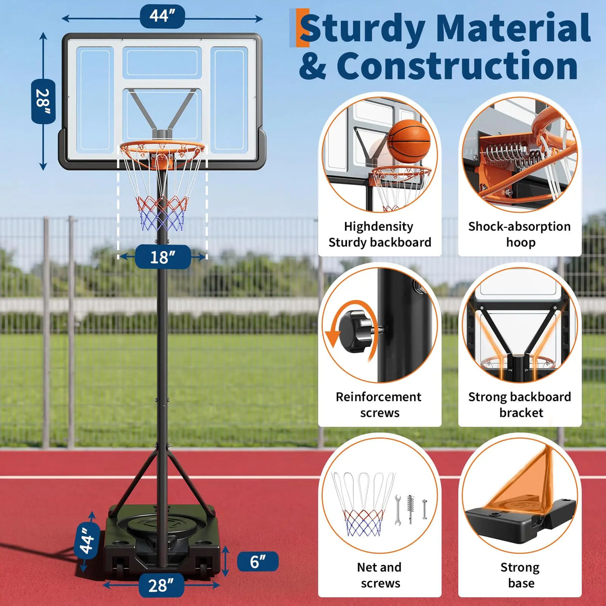 44 Inch Portable Basketball Hoop Adjustable Outdoor Goal System