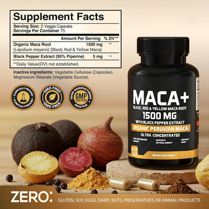 Organic Peruvian Maca Root Capsules 1500mg Vegan